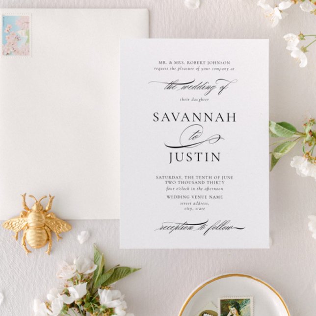 Invitation Élégant Mariage noir et blanc (Designed for weddings where the bride's parents are hosting)