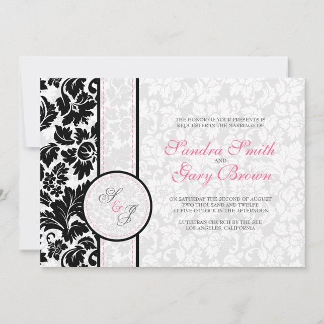 Invitation Elégant Mariage noir et blanc Damas (Devant)
