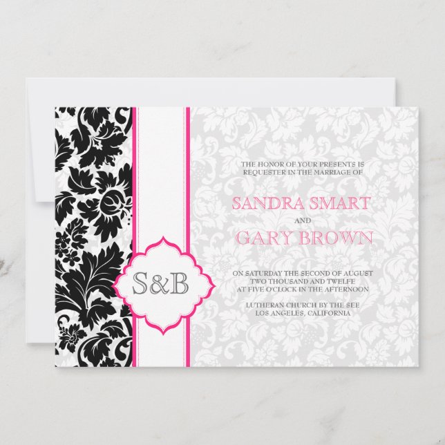 Invitation Élégant Mariage noir et blanc Damas (Devant)
