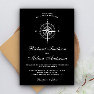 Invitation Élégant Mariage noir et blanc de boussole nautique