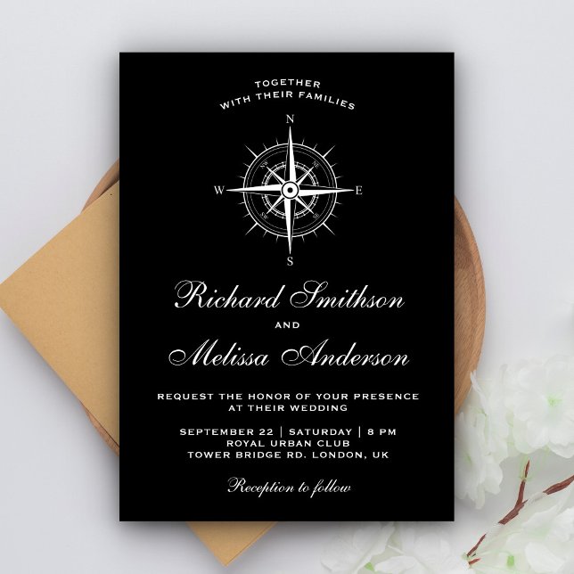 Invitation Élégant Mariage noir et blanc de boussole nautique (Créateur téléchargé)