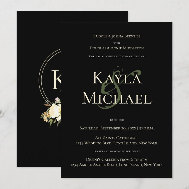 Invitation Élégant Mariage noir et moody Rose de crème Monogr (Devant / Derrière)