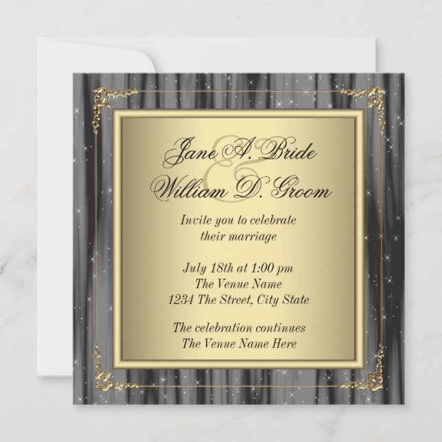 Invitation Élégant Mariage noir et or (Devant)