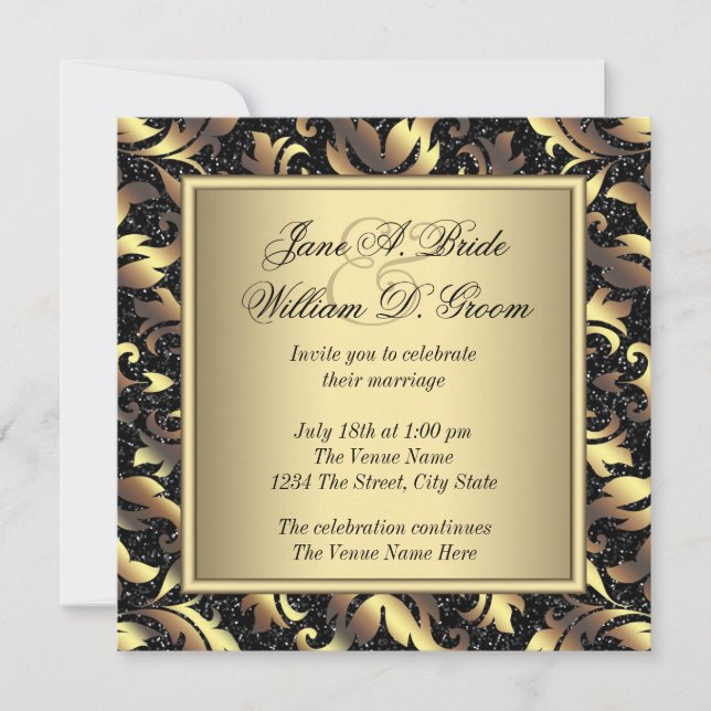 Invitation Élégant Mariage noir et or (Devant)
