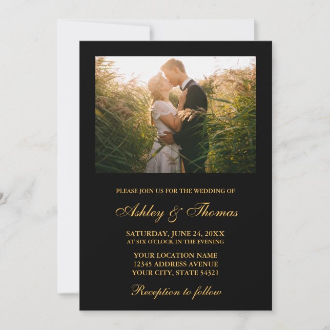 Invitation Elégant mariage noir et or photo (Devant)