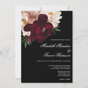 Invitation Élégant Mariage noir floral et bordeaux foncé