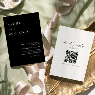 Invitation Élégant Mariage noir minimaliste 2 côtés QR Code