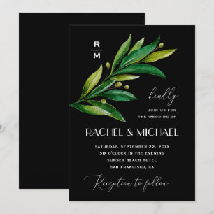 Invitation Élégant mariage noir vert. Aquarelle