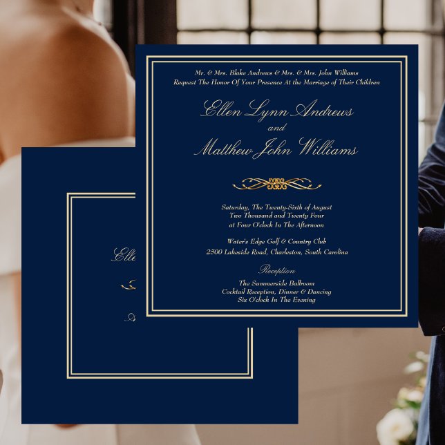 Invitation Élégant Mariage officiel bleu et or de la marine (Elegant Navy Blue and Gold Formal Wedding Invitation)