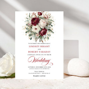 Invitation Élégant Mariage Or Blanc Bourgogne Botanique Or