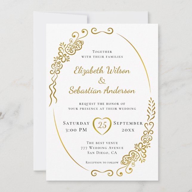 Invitation Elégant Mariage or blanc et noir (Devant)