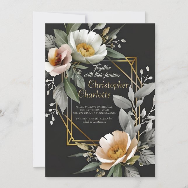 Invitation Elégant Mariage or bordeaux rouge et noir floral (Devant)