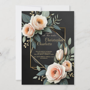Invitation Elégant Mariage or bordeaux rouge et noir floral