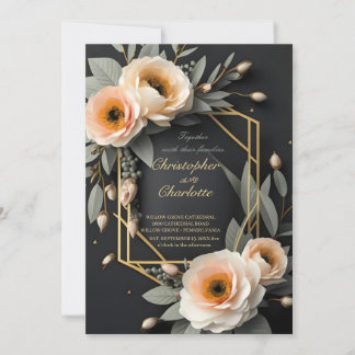 Invitation Elégant Mariage or bordeaux rouge et noir floral