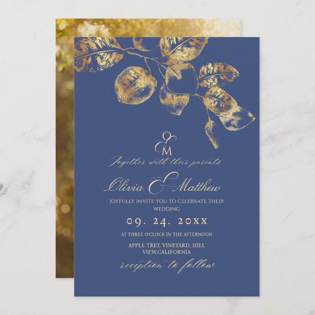 Invitation Élégant Mariage or Sapphire Pantone (Devant / Derrière)