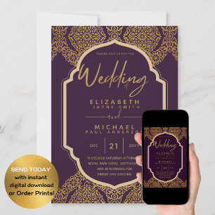 Invitation Élégant Mariage Ornate de Plum Berry Or