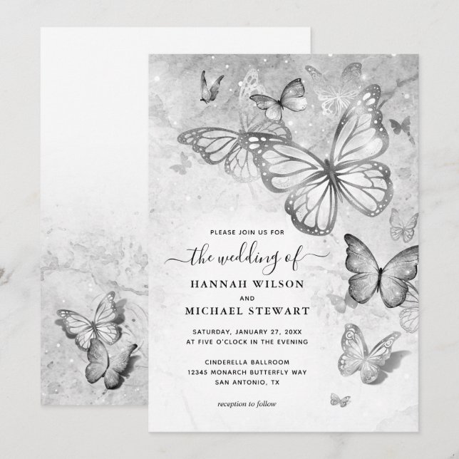 Invitation Élégant Mariage papillon en argent (Devant / Derrière)