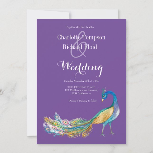 Invitation Elégant Mariage Peacock Aquarelle (Devant)
