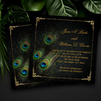 Invitation Élégant Mariage Peacock noir et or