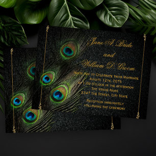 Invitation Élégant Mariage Peacock noir et or