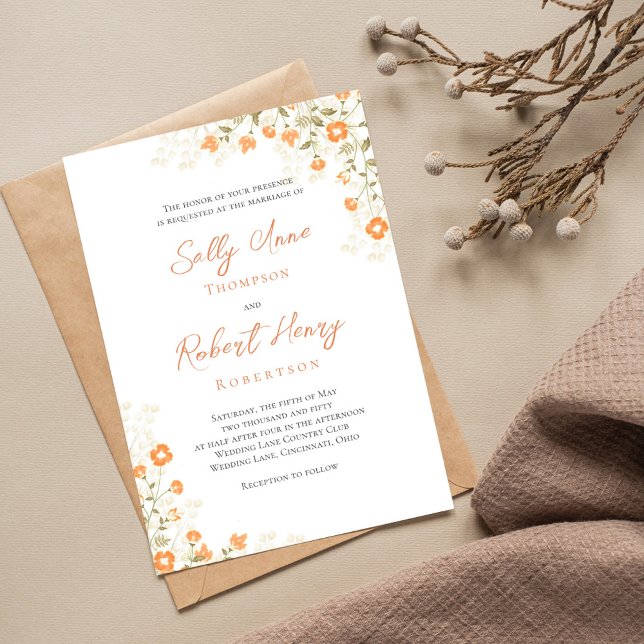 Invitation Élégant Mariage Pêche Floral Simple Script (Elegant peach floral wedding invitation with a monogram on the backside. )