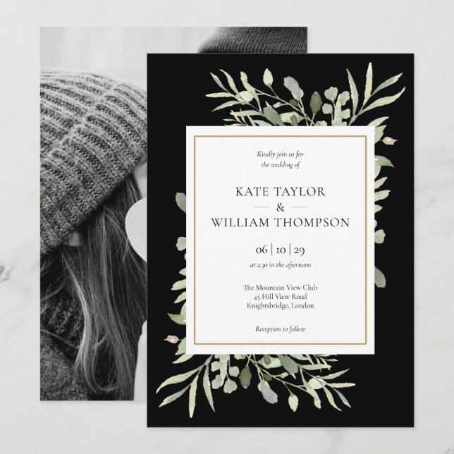 Invitation Élégant Mariage photo Black and Gold (Devant / Derrière)