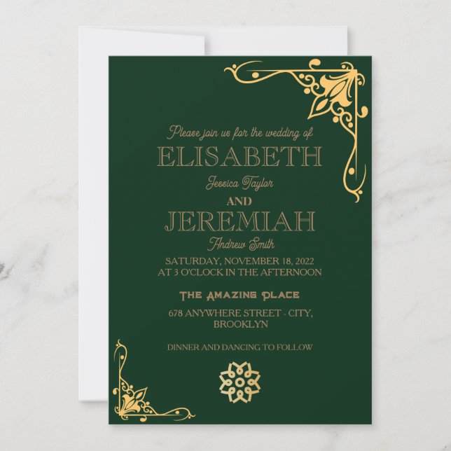 Invitation élégant mariage photo classique luxe vert or (Devant)