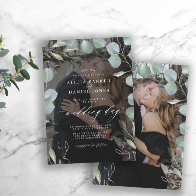 Invitation Élégant mariage photo de la verdure eucalyptus (Créateur téléchargé)