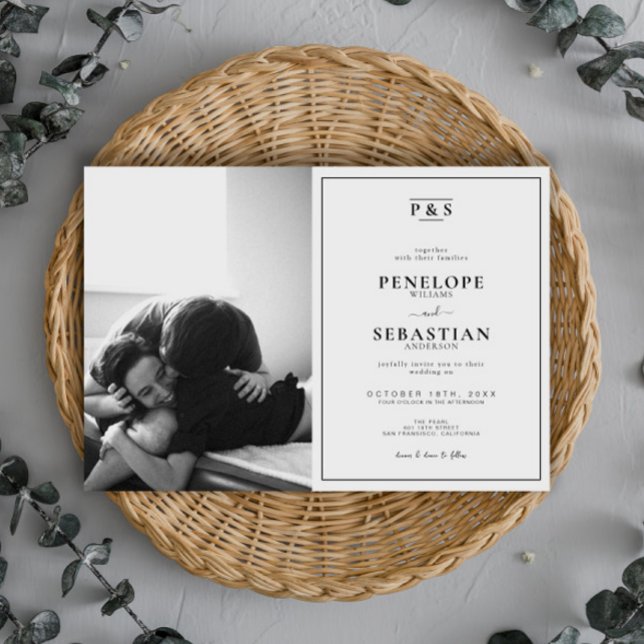 Invitation Élégant Mariage photo de Monogramme noir et blanc (Créateur téléchargé)