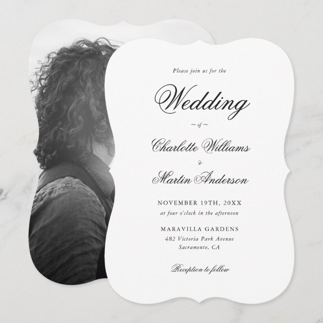 Invitation Élégant Mariage photo de script noir et blanc (Devant / Derrière)