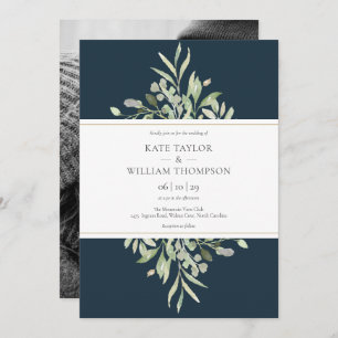 Invitation Elégant Mariage photo Deep Sea Blue Greenery