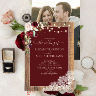 Invitation Élégant Mariage photo en dentelle de bois brun bor