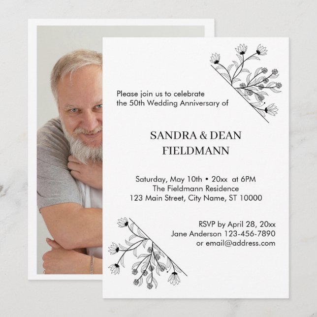 Invitation Élégant Mariage photo floral 50e anniversaire (Devant / Derrière)