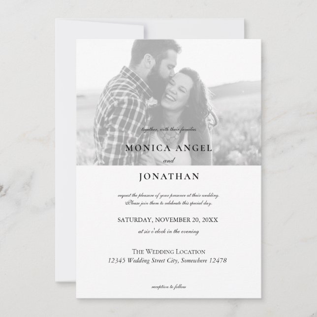 Invitation Élégant Mariage photo horizontal noir et blanc - B (Devant)