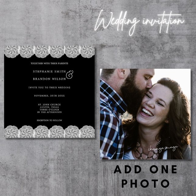 Invitation Élégant Mariage photo noir blanc dentelle (Créateur téléchargé)