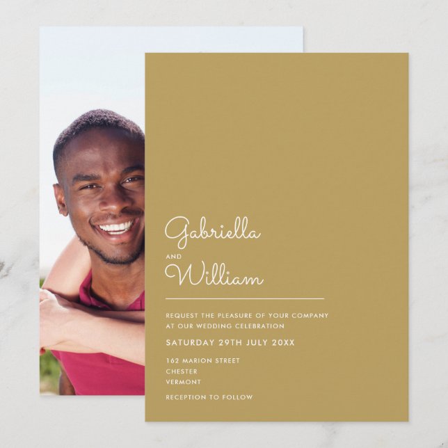Invitation Élégant Mariage Photo Or Minimaliste Script (Devant / Derrière)