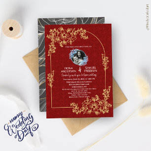 Invitation Élégant Mariage photo personnalisé Chic Red Gold