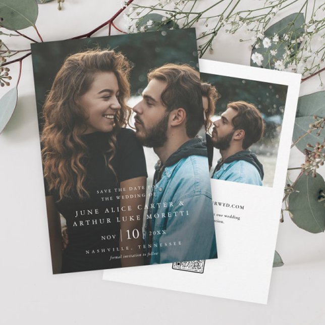 Invitation Élégant mariage photo simple Enregistrer la date (Elegant photo wedding save the date with classic typography overlay and QR code.)