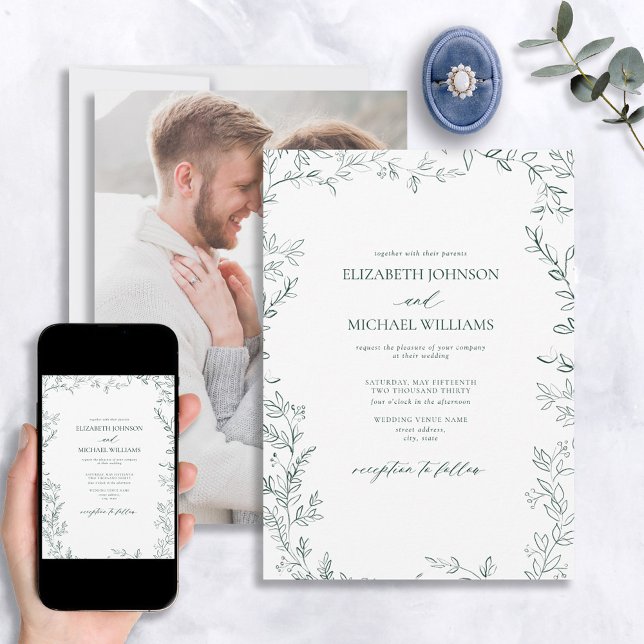 Invitation Élégant Mariage photo vert émeraude à feuilles min (Créateur téléchargé)