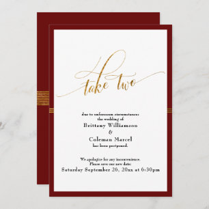 Invitation Elégant Mariage reporté Red & Gold Stripe Card