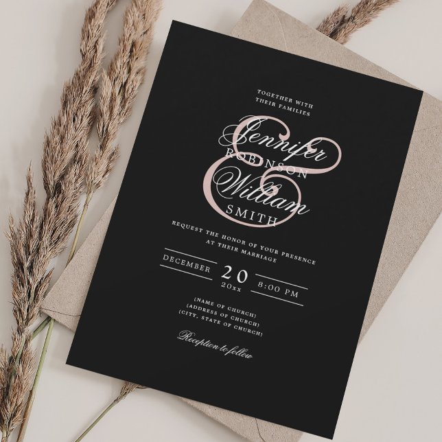 Invitation Élégant Mariage romantique classique Noir Blush (Elegant Romantic Wedding Classic Black Blush Invitation)