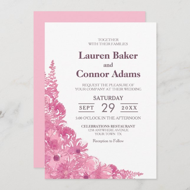 Invitation Élégant Mariage rose (Devant / Derrière)