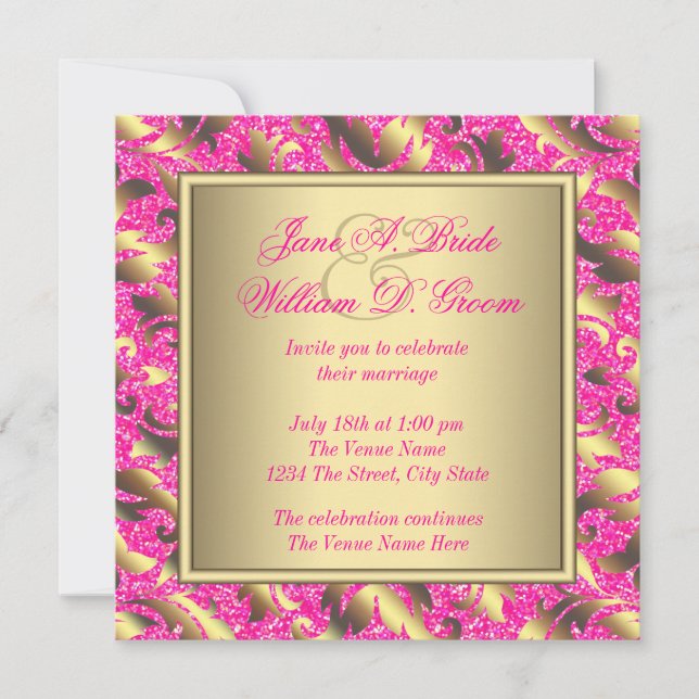 Invitation Élégant Mariage rose chaud et or (Devant)
