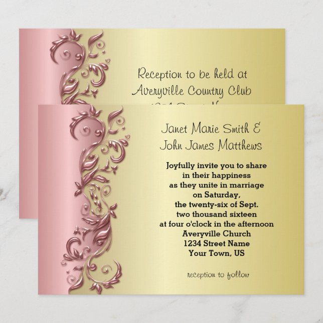 Invitation Élégant Mariage rose mauve et or (Devant / Derrière)