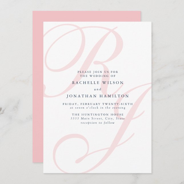 Invitation Élégant Mariage rose Monogramme minimal (Devant / Derrière)