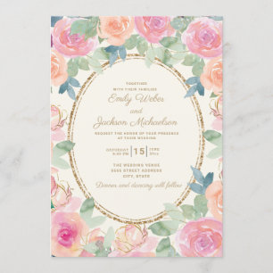 Invitation Elégant Mariage rose Peach Aquarelle Floral Or