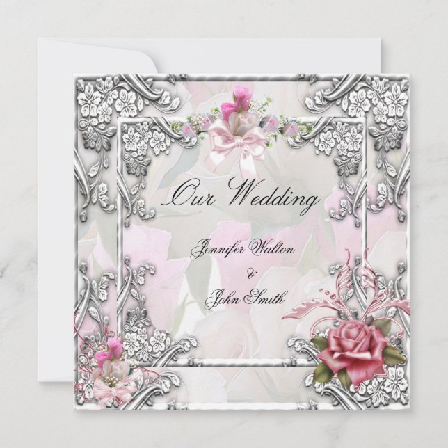 Invitation Elégant Mariage Rose Rose Argent Blanc (Devant)