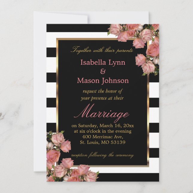 Invitation Élégant Mariage rose Rose noir & blanc rayures (Devant)