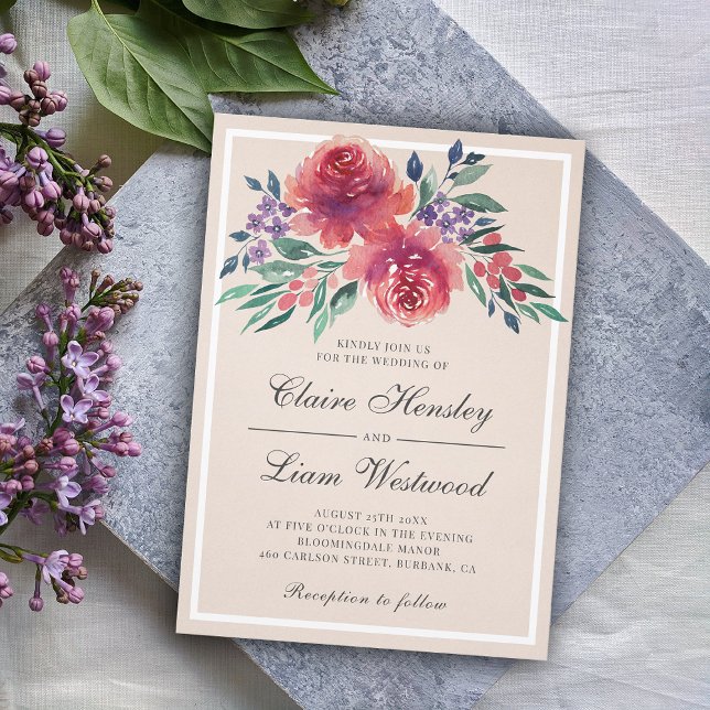 Invitation Elégant Mariage Rose Watercolor Peony (Créateur téléchargé)