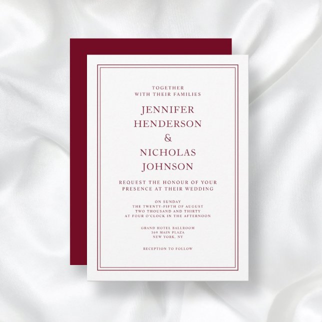 Invitation Élégant mariage rouge bordeaux formel (Front/Back Elegant Formal Burgundy Red Wedding Invitation)